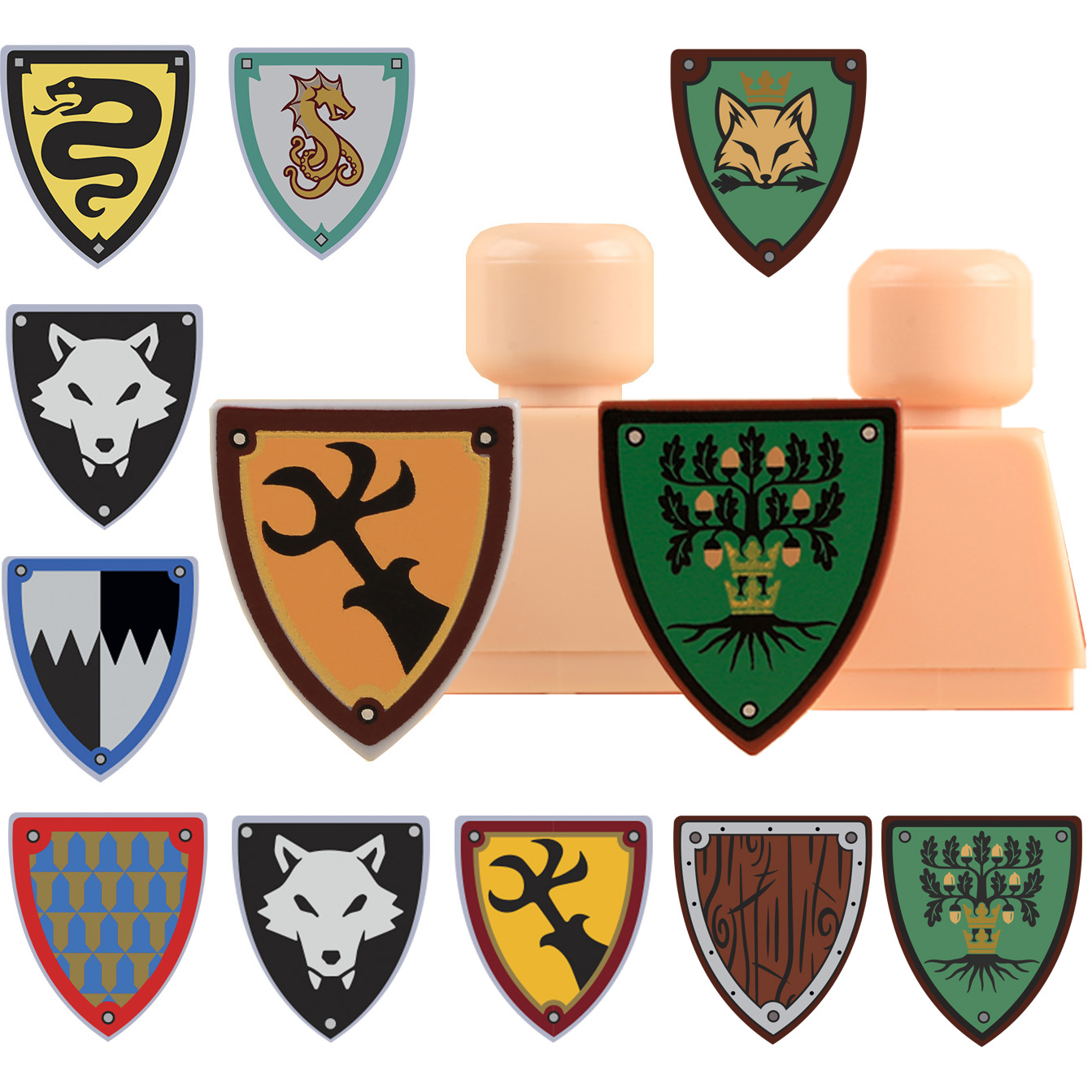Lego Minifigure Holder - MOC Middeleeuwse Ridders Zwarte Wolf Schilden